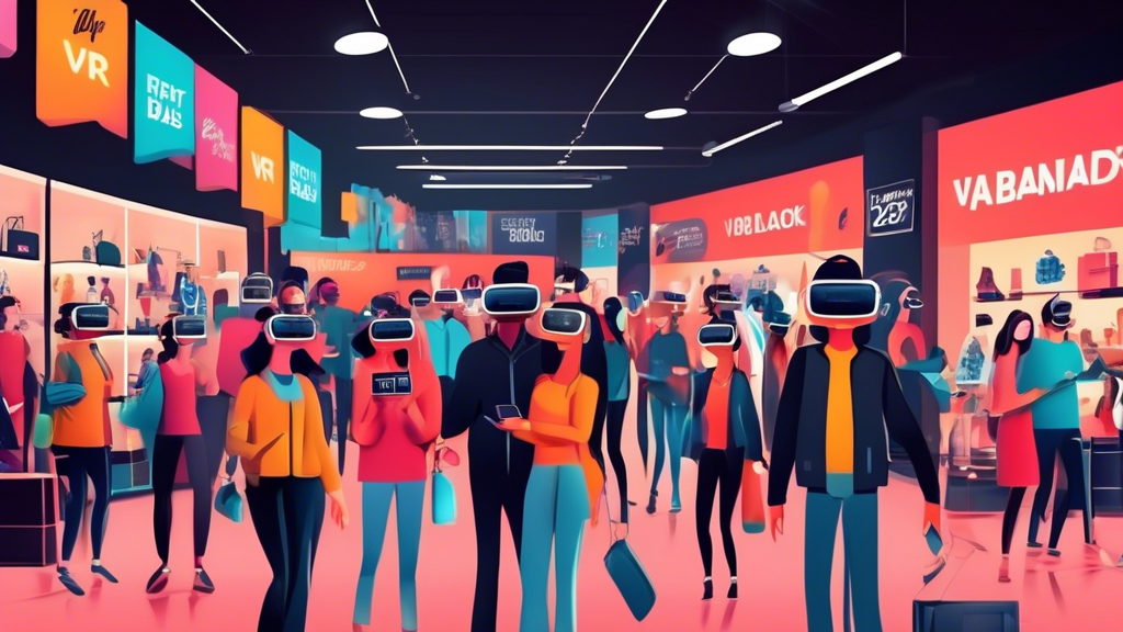 Create an image depicting a bustling Black Friday shopping scene with individuals eagerly searching for VR headset deals. The scene should include a diverse group of people excitedly browsing through VR headset displays in a vibrant electronics store. Display promotional signs highlighting Black Friday 2023 and VR Headset Deals prominently. Include elements of strategy and planning, such as people using smartphones for quick research, checking shopping lists, and consulting each other, to capture the essence of preparing for the best bargains.