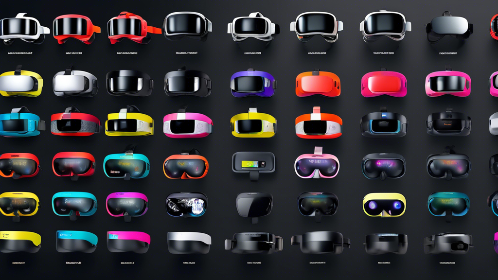 Create an image showcasing a futuristic display of VR headsets from top brands, arranged side by side for comparison. Each headset is labeled with brand name, key features, and price discounts highlighted in bright, eye-catching colors to signify Black Friday deals. The background is sleek and digital, resembling a high-tech showroom, and includes a digital infographic summarizing the pros and cons of each model. The overall scene is dynamic and informative, guiding the viewer through an interactive, educational shopping experience.