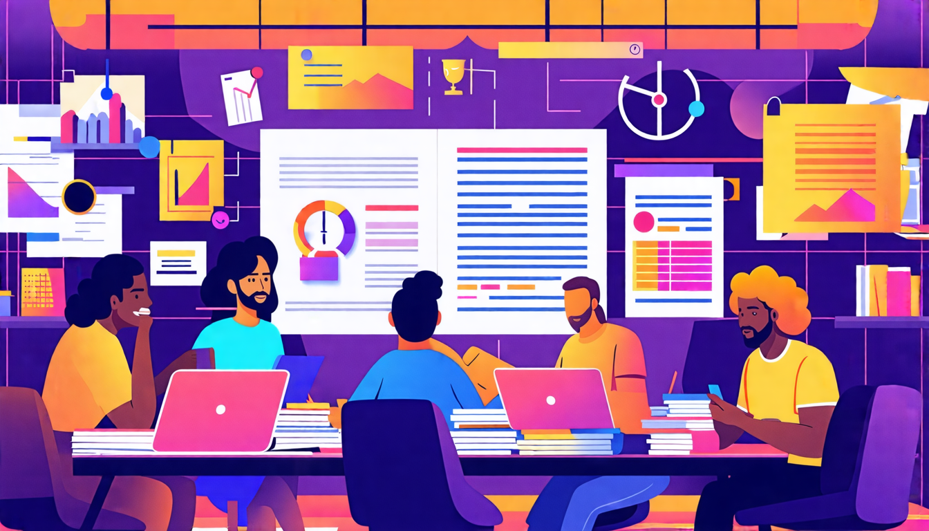 Create an image that illustrates a scene depicting a vibrant, imagined film studio filled with movie posters and various scripts stacked on a table. In the foreground, a group of diverse screenwriters animatedly discussing screenplay notes, with elements like highlighted script pages, graphical feedback charts, and laptops open to screenplay editing software. The atmosphere should convey a sense of collaboration and creativity. Include visual elements like awards or trophies subtly in the background, symbolizing career advancement and success.