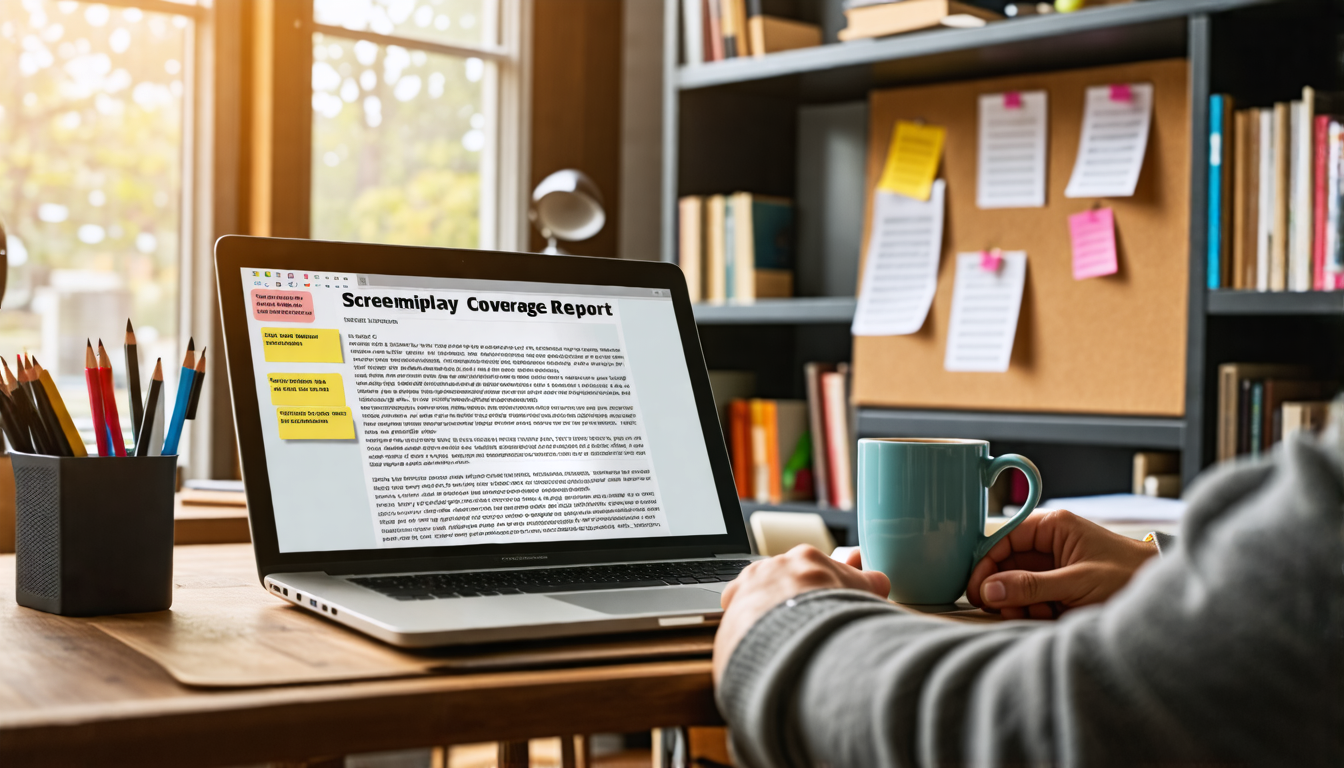 An image depicting a cozy home office setting where a writer is immersed in studying a comprehensive screenplay coverage report. On the desk, there