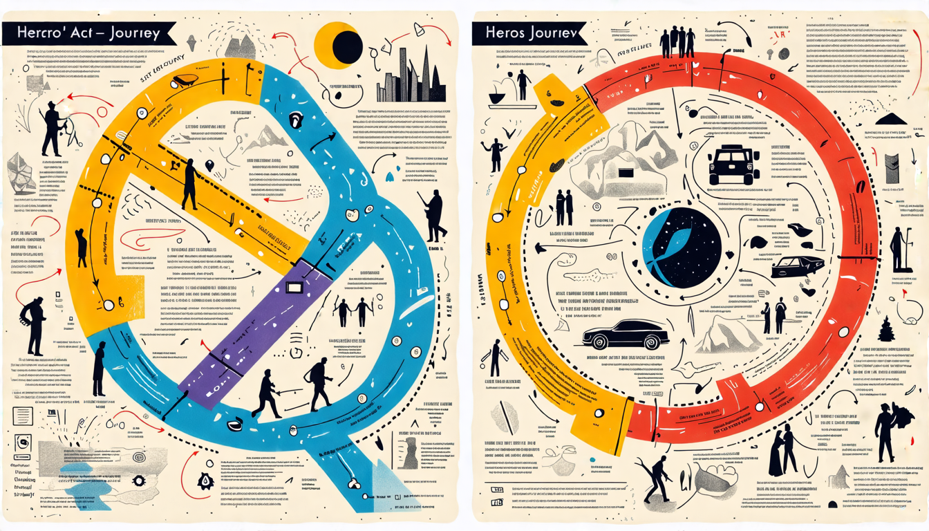 Create an imaginative and visually engaging illustration depicting a creative blend of popular screenplay structure models, the three-act structure and the hero