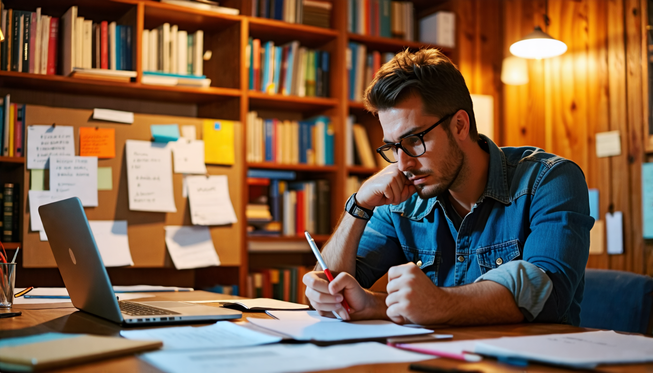 Create an image that embodies the creative process of crafting a strong screenplay structure. The image should feature a writer in a cozy, wood-paneled study, surrounded by notes, color-coded index cards, and storyboards pinned on corkboards. The writer is holding a pen, deep in thought, with a focused expression. In the background, there