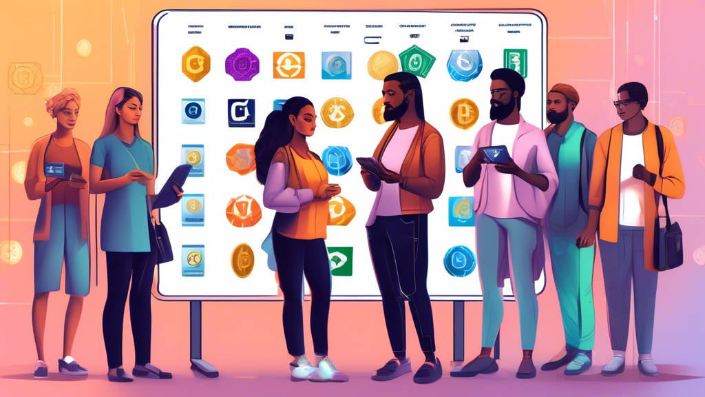 Create an image of a diverse group of individuals standing in front of a display board filled with various crypto debit cards. The board should feature different cards showcasing a range of supported cryptocurrencies, provider logos, and fee structures. Each person is thoughtfully examining the options, with guidebooks and smartphones in hand, representing informed decision-making. The background should subtly hint at elements of cryptocurrency, such as digital currency symbols and futuristic aesthetics. The scene is illuminated with a soft, tech-inspired glow, symbolizing innovation and modern financial solutions. Include the caption: Navigating the Choices: How to Select the Right Crypto Debit Card for Your Needs.