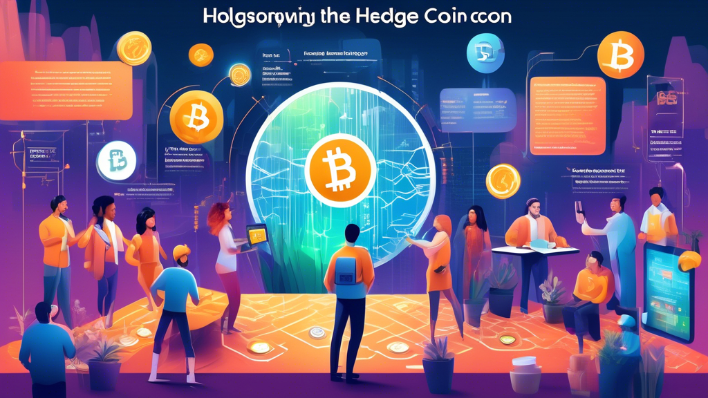 Create an image showcasing the factors driving the popularity and adoption of Hedge Finance Coin in the cryptocurrency markets. The scene should capture a dynamic digital landscape filled with symbols of innovation, blockchain technology, and decentralized finance (DeFi). Include visual elements representing strong partnerships and collaborations. In the foreground, depict vibrant community engagement and marketing strategies, such as digital billboards or social media icons, that highlight increasing visibility and credibility. The overall aesthetic should be futuristic and energizing, reflecting a thriving, interconnected ecosystem around Hedge Finance Coin.