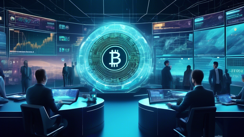 Create an image of a futuristic landscape of cryptocurrency markets in 2030, with Hedge Finance Coin at the forefront. The scene includes digital screens showcasing real-time trading data and market predictions, with a central, glowing Hedge Finance Coin symbol dominating the view. Cryptocurrency experts and investors, depicted as holographic figures, analyze data and discussions around potential risks and opportunities. The atmosphere is vibrant and dynamic, symbolizing growth and innovation, with a digital skyline illustrating the fusion of finance and technology.