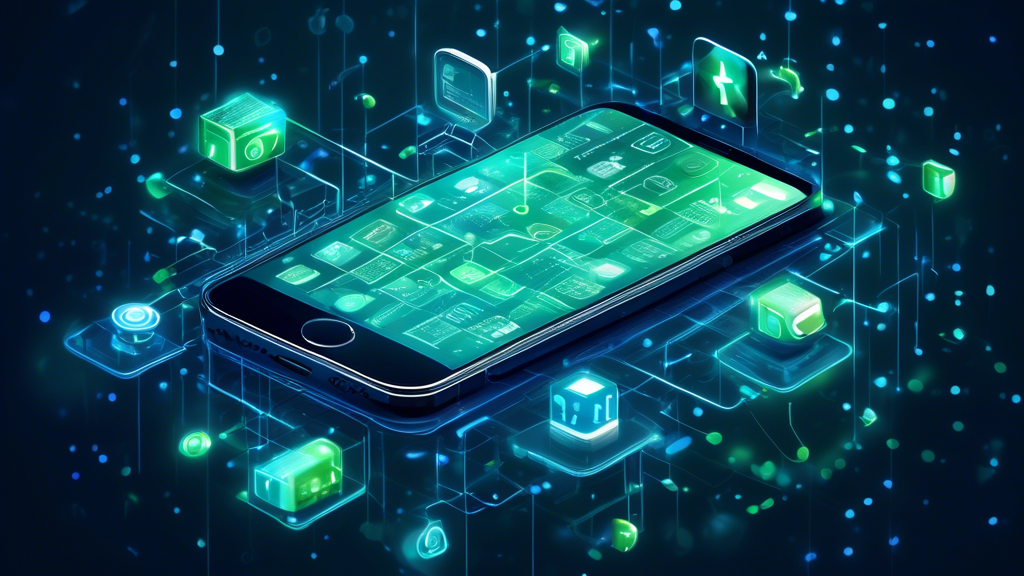 Create an image of a sleek, modern iPhone floating in a digital matrix, surrounded by icons representing key VPN features like security locks, speed meters, and globes symbolizing worldwide access. Include visual elements like checkmarks and stars to denote top recommendations and quality assurance. The background should be a blend of blue and green hues, conveying a sense of technology and digital security.