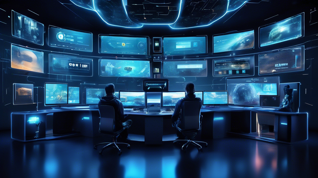 Create an image depicting a high-tech, futuristic command center with multiple screens displaying streaming platforms and online services seamlessly running without geographical restrictions. In the center, a user is engaged in optimizing their internet connection with Smart DNS CyberGhost, adjusting DNS settings and selecting servers for enhanced performance. The atmosphere should convey a sense of advanced technology and empowerment, highlighting the ease and effectiveness of using Smart DNS to unlock the full potential of internet browsing and streaming. Include visual elements that illustrate recommendations on security and performance maintenance for a comprehensive online experience. Keywords to focus on: technology, optimization, streaming, freedom, Smart DNS CyberGhost.