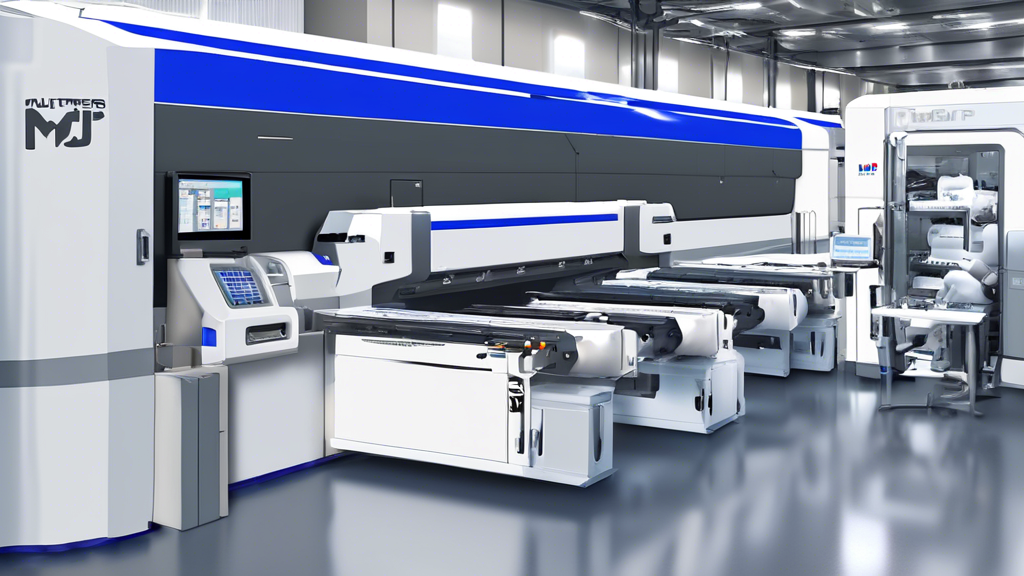 Create an image that showcases the various industrial applications of MJP (MultiJet Printing) technology. The scene should depict a modern manufacturing facility where MJP printers are used for diverse purposes, such as creating intricate machine parts, producing bespoke automotive components, and crafting detailed aerospace models. Include workers and engineers interacting with the printers, inspecting the high-precision outputs, and exchanging ideas, illustrating the successful implementation of MJP technology in the industry. Emphasize a futuristic and innovative atmosphere to suggest the potential future developments and applications of MJP printing.