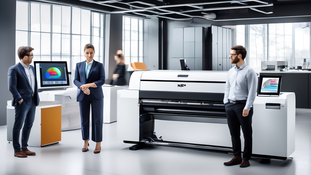 Create an image that illustrates the process of selecting and implementing a MultiJet Printing (MJP) printer within a modern office or industrial setting. The scene should feature a diverse team of professionals evaluating various MJP printer models, assessing their features, and discussing integration strategies in front of a digital screen displaying technical specifications. Include visual elements that suggest cost analysis and financing options, such as charts and graphs on tablets or computers. The environment should be sleek and futuristic, emphasizing the advanced technology of MJP printers.