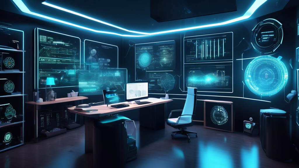 Create an image showcasing a futuristic and sleek home office environment dedicated to cryptocurrency mining in the year 2023. In the center, illustrate a range of cutting-edge crypto mining devices prominently displaying renowned brand names and models. Include visual comparisons of their performance metrics with digital readouts showing computational power, energy efficiency, and other relevant statistics. The room should exude a feeling of high-tech sophistication, with LED lighting and holographic displays adding to the ambiance. Emphasize the user-friendly design of the devices, and subtly incorporate icons representing technological support and DIY friendliness, symbolizing their suitability for home-based mining operations.