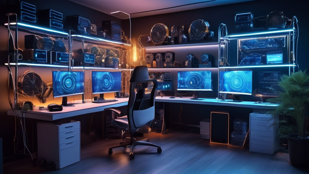 Create an image of a futuristic home office setup dedicated to cryptocurrency mining, filled with advanced mining rigs neatly organized on shelves. The room should have cooling systems, like fans and air vents, and show efficient cable management for optimal power supply. There should be a digital display showing cryptocurrency mining data, emphasizing efficiency and optimization. The overall ambiance should be sleek and high-tech, illustrating a well-organized, modern home mining operation. Highlight the concept of staying updated with the latest modifications and strategies in home crypto mining with visual cues, such as digital news feeds or holographic interfaces displaying market trends and regulations.