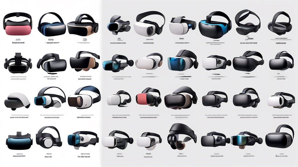 Create an image showcasing a detailed comparison of top virtual reality headsets on the market. Include realistic, high-quality illustrations of various popular VR headsets displayed side by side. Each headset should be accompanied by snippets of text highlighting its standout features, user ratings, and price comparisons. The image should convey a sense of cutting-edge technology and assist viewers in making an informed choice by emphasizing each headset