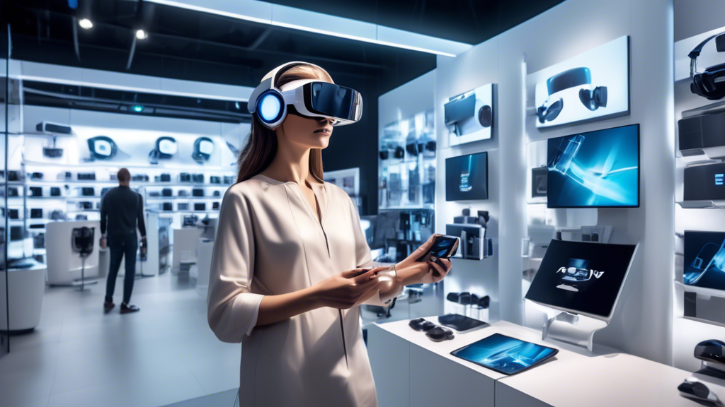 Prompt for DALL-E: Create an image depicting a customer in a modern electronics store, standing amidst a variety of cutting-edge virtual reality headsets. The customer is thoughtfully examining the options, considering key factors like design, price tags, and compatibility features displayed on small digital screens next to each headset. In the background, a futuristic display showcases upcoming trends in VR technology, hinting at immersive landscapes and potential advancements. The overall atmosphere should convey a sense of thoughtful exploration and informed decision-making.