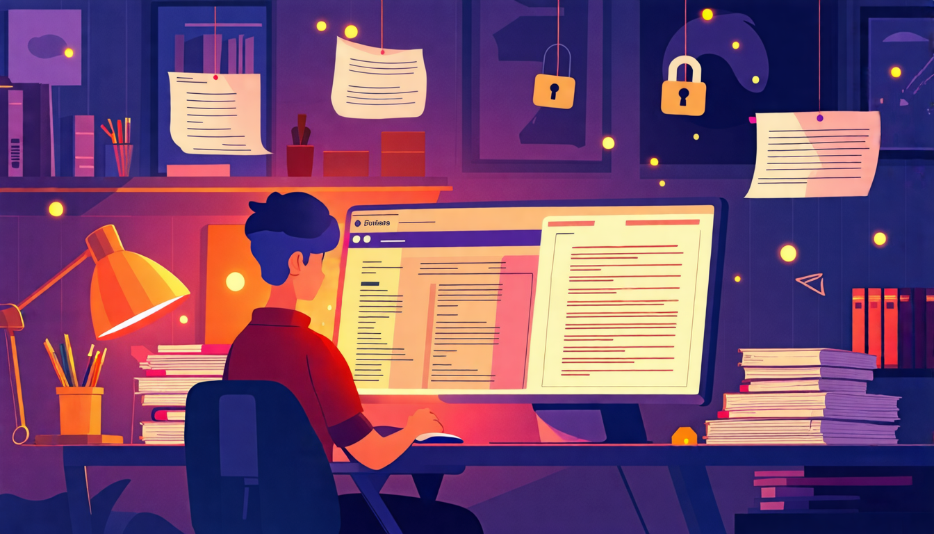 Create an image illustrating a scene where a young writer is sitting at a cozy desk, illuminated by a warm desk lamp, surrounded by stacks of paper scripts. On the computer screen in front of them, there