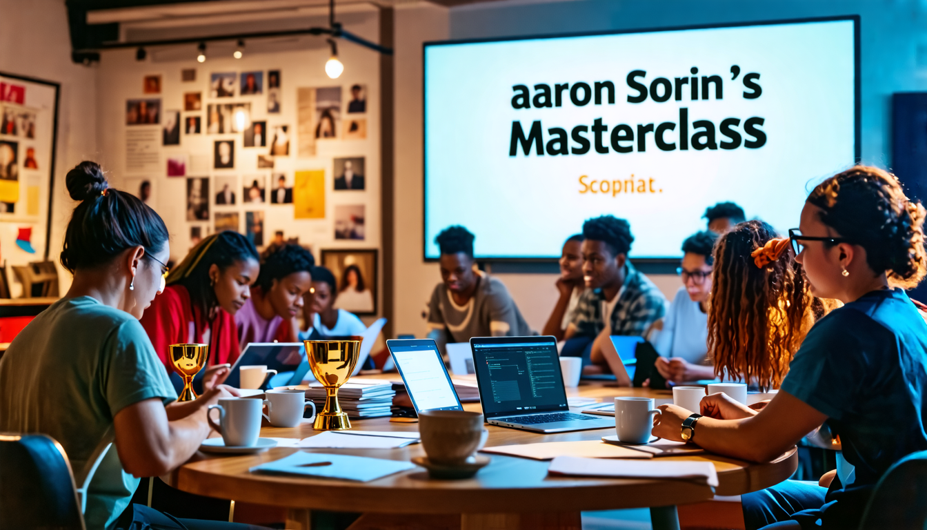 Create an image showcasing a diverse group of aspiring screenwriters gathered around a large table, each deeply focused on writing scripts with laptops and notebooks open. In the background, a digital screen displays Aaron Sorkin’s Masterclass. The room is filled with creative energy, with script pages, coffee cups, and inspiration boards scattered throughout. Include visual cues of success, such as finished scripts stacked high and an award trophy, symbolizing the transformation from ideas to production-ready scripts. Capture the blend of collaboration and individual creativity, embodying the empowerment and practical application taught in the Sorkin Masterclass.