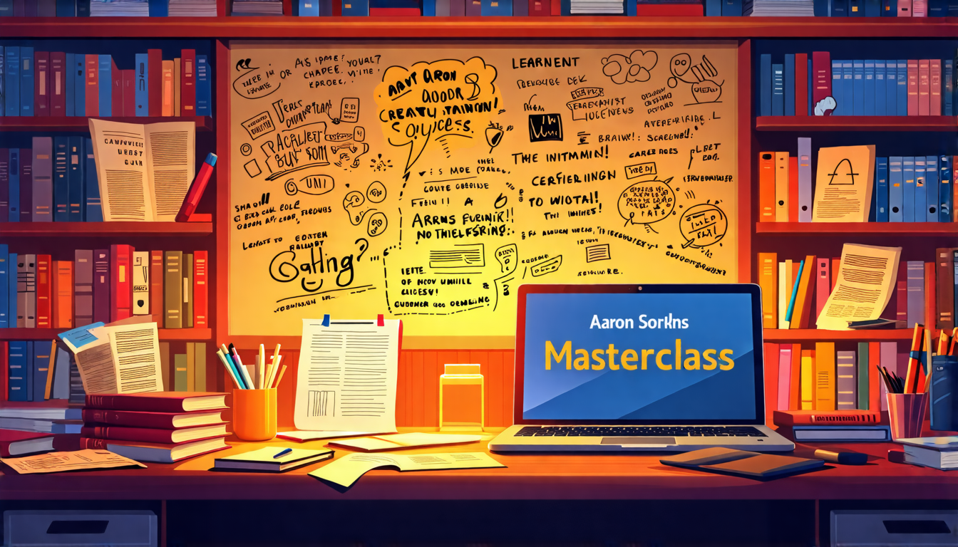 Create an image that depicts a creative workspace filled with notes, scripts, and a glowing laptop screen displaying Aaron Sorkin