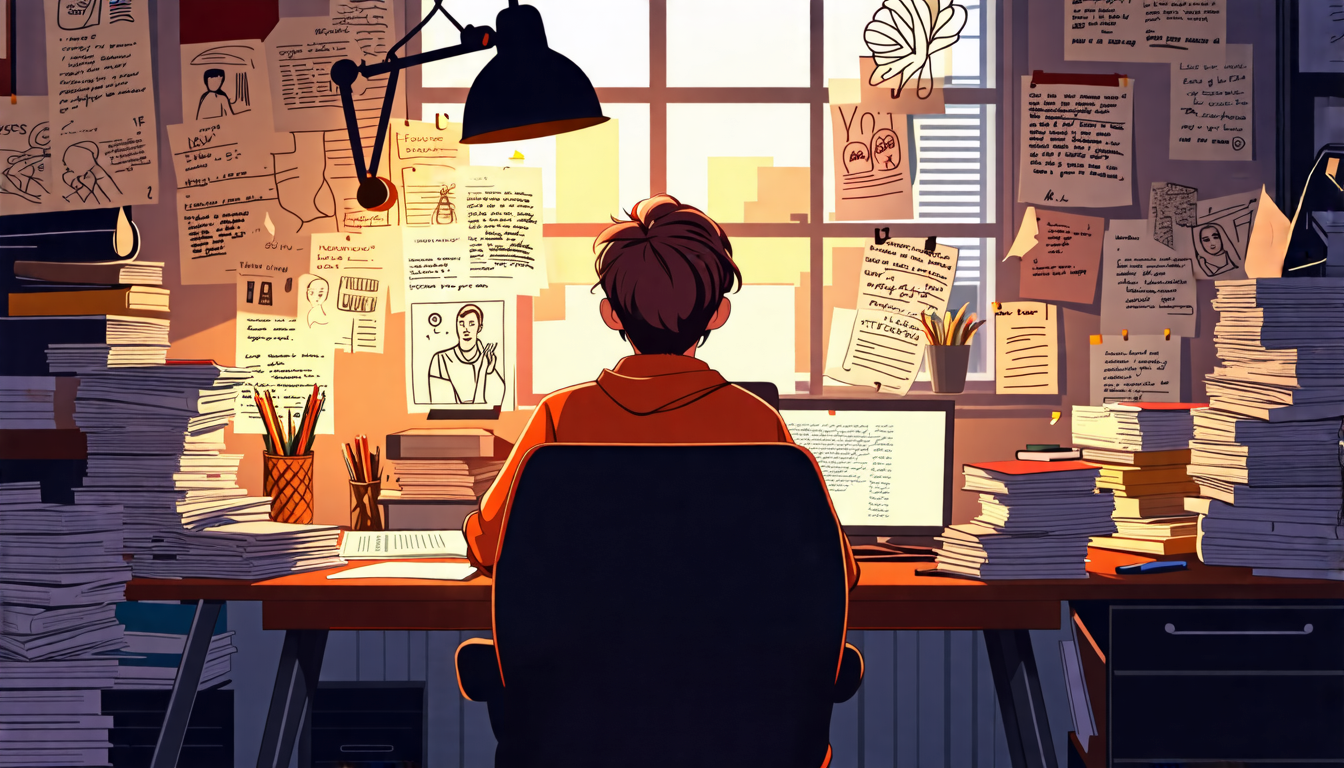 Create an image that depicts a focused writer sitting at their desk, surrounded by stacks of notes and sketches, working diligently on a screenplay. The scene should capture a sense of urgency and creativity, as the writer develops compelling characters and engaging dialogue within a 30-day deadline. The atmosphere should reflect a blend of inspiration and productivity, with various character portraits and dialogue snippets pinned to the walls around the desk, conveying the writer