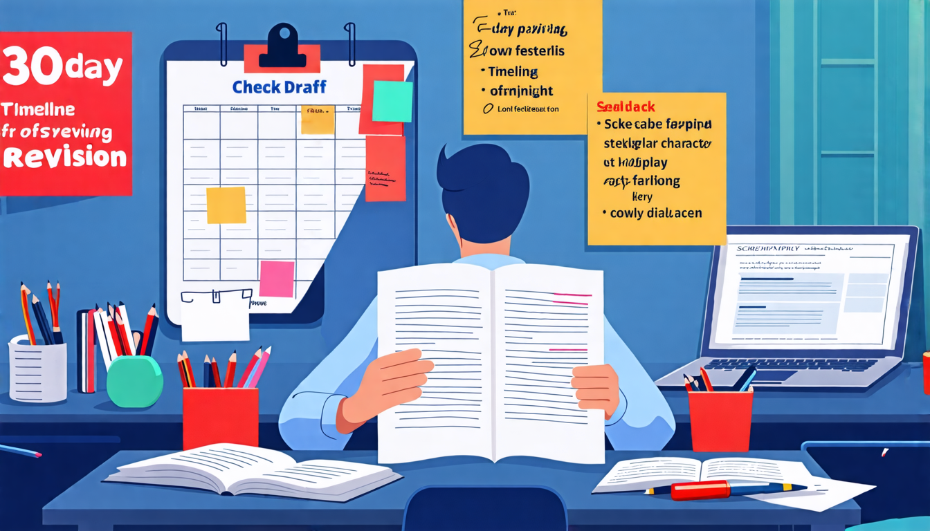 Create an image depicting a writer at their desk surrounded by pages of a screenplay draft, with a calendar in the background showing a 30-day timeline. The desk is cluttered with screenplay revision tools: red pens, sticky notes with tips like Check pacing, and a laptop displaying scriptwriting software. On the wall, post-it notes summarize feedback from peers, emphasizing areas like strengthen character arcs and tighten dialogue. The writer is mid-revision, focused yet inspired, embodying the dedication required for polishing a screenplay after a month of intense writing.