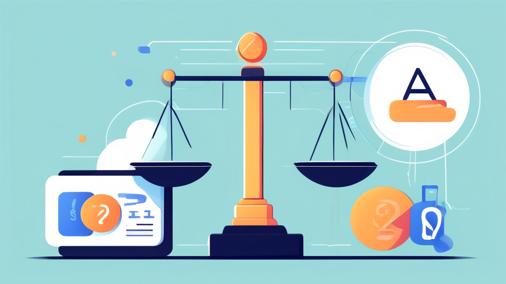 Create a digital illustration depicting a balanced scale, with the word Advantages on one side and Limitations on the other. On the Advantages side, visualize symbols of convenience, speed, and security, such as a clock, a shield, and a digital wallet. On the Limitations side, show potential challenges such as a question mark, a network connection icon with a glitch, and a person looking puzzled. In the background, represent Simplex Crypto as a simplified digital currency platform, emphasizing its welcoming aspect for beginners. Use a blend of warm and cool colors to illustrate the dual nature of using Simplex Crypto, highlighting both its strengths and areas for improvement compared to other platforms.