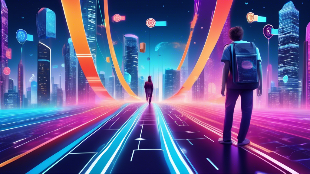 Create an imaginative scene where a person is standing at a crossroads with two distinct paths leading into vibrant digital landscapes. On the left, signs labeled Free Smart DNS Land feature symbols like fast-speed indicators, shield icons for privacy, and stars representing user reviews. On the right, the path leads to the Premium DNS City, with futuristic skyscrapers made of digital code, showcasing symbols of enhanced security and comprehensive service plans. The person is thoughtfully evaluating both paths, holding a magnifying glass with icons of speed, reviews, and a question mark floating around it, symbolizing the decision-making process in choosing the right Smart DNS free alternative based on various factors like speed and privacy. The background is a digital world with holographic displays featuring user feedback and performance charts.
