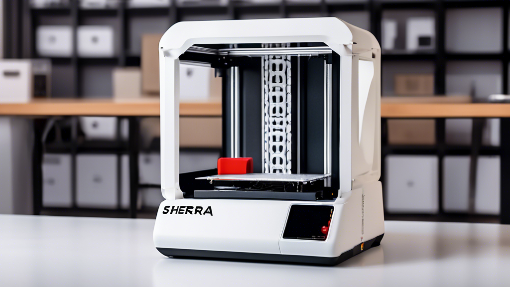 Create an image that showcases the distinct advantages and unique features of the Shera 3D printer. The scene should highlight the printer in action within a busy, modern workspace. Emphasize its ease of use by showing an intuitive user interface and a diverse array of printed materials spread across a workbench, demonstrating its precision and material versatility. Incorporate elements that suggest its application across various industries, like automotive parts, architectural models, and intricate jewelry designs. Use a futuristic and sleek aesthetic to convey its advanced technology and competitive edge. Include subtle branding with the Shera logo prominently displayed on the printer.