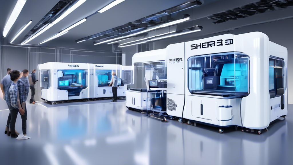 Create an image depicting Shera 3D Printers leading the transformation of the printing industry into the future. The scene shows a futuristic workshop with multiple Shera 3D printers seamlessly producing complex structures, utilizing advanced technologies like automation and sustainable materials. In the background, a wall-sized digital interface displays data and trends on the future of 3D printing. The atmosphere is buzzing with innovation and forward-thinking energy, highlighting Shera’s pivotal role in shaping the future of printing. Include elements that represent sustainability and next-generation solutions. Keywords to keep in mind: Shera 3D Drucker Zukunft, Zukunft des Druckens.