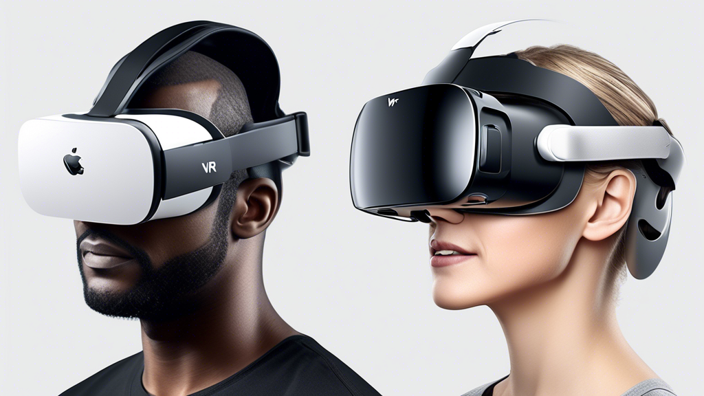 Create an image illustrating a side-by-side comparison of the Apple VR-Headset and its key competitors in the virtual reality market. Highlight the different price points and core features of each device, using visually engaging graphics and text overlays. The Apple VR-Headset should be prominently placed in the center, showcasing its sleek design. Label each product with its price and a few standout specifications. The background should have a tech-inspired theme, emphasizing innovation and competitive comparison. Include the text Apple VR-Headset Preis as a central element in a modern, bold font.