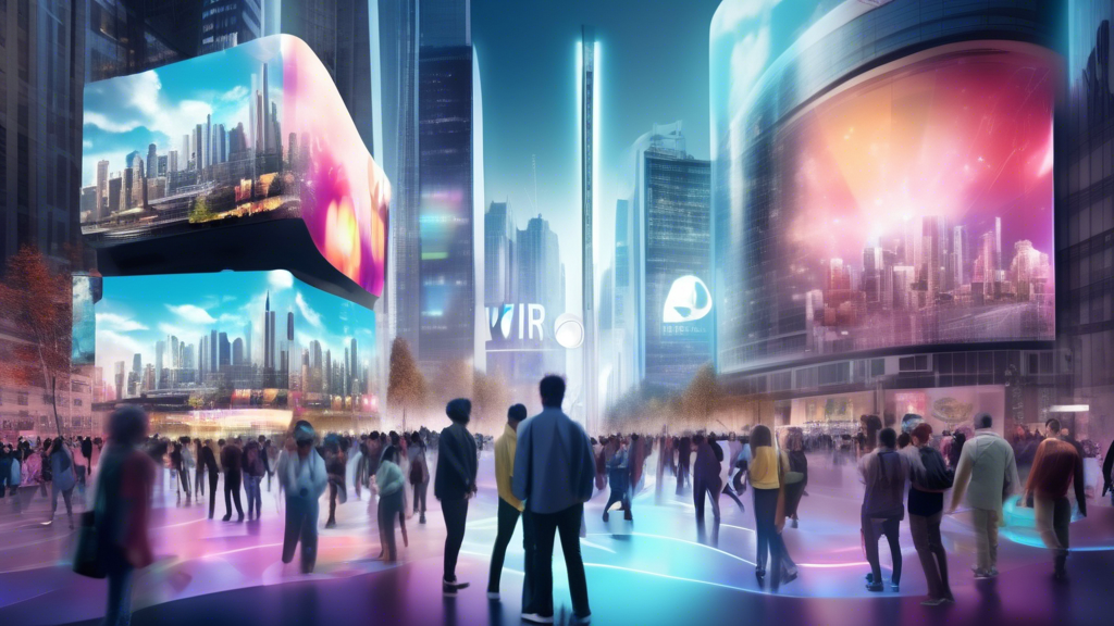 Create an image of a futuristic cityscape where digital billboards are prominently displaying projections and advertisements about the Apple VR-Headset Preis (Apple VR headset price). The city is bustling with people using various VR devices, hinting at advanced technology integrated into everyday life. In the forefront, a holographic chart is present, illustrating market trends and future projections for the Apple VR headset price. The scene should capture a sense of innovation and anticipation, reflecting the evolving market dynamics and technological advances that influence future pricing in the VR industry.