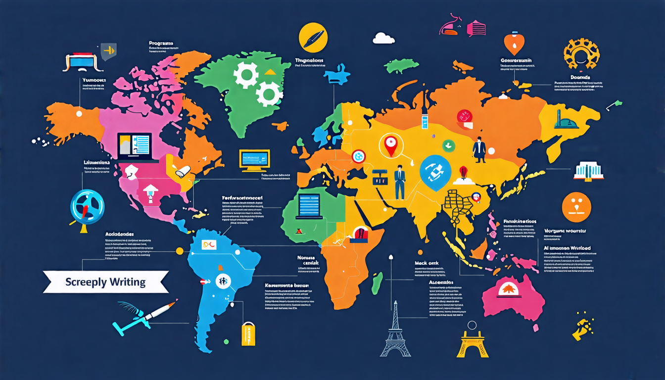 Create an image depicting a world map with vibrant icons representing top screenplay writing programs across different global locations. Include details like program duration in small text labels, and use symbolic elements such as a diploma, a film reel, or a quill next to each location to represent the curriculum focus. Incorporate visuals of famous alumni subtly integrated into the map as recognizable silhouettes or brief mentions. Ensure the image has a modern and polished design, suitable for illustrating the diversity and excellence of these programs.