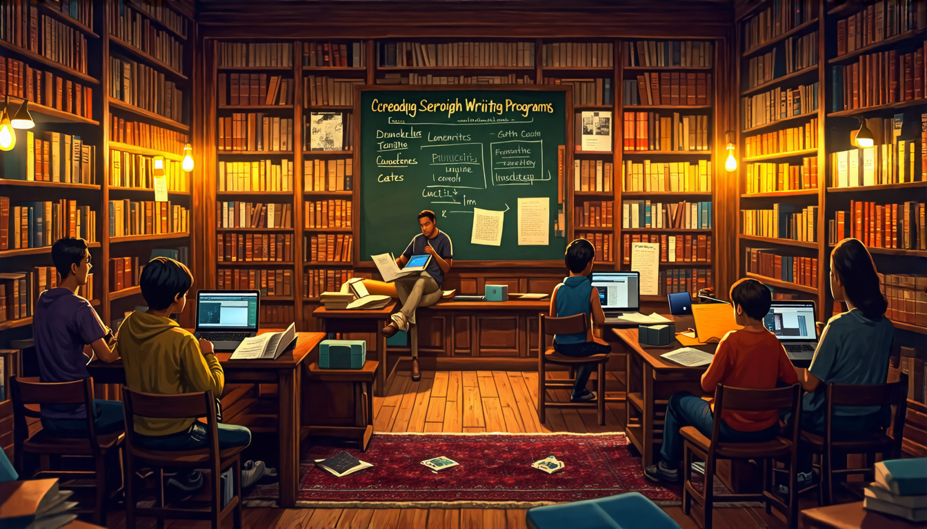 Create an image that showcases a diverse group of aspiring scriptwriters in a cozy library setting, each holding materials or laptops as they engage in researching various screenplay writing programs. The walls are adorned with posters of iconic films and screenplays, and a large bulletin board displays brochures and pamphlets about different writing programs. Include a warm glow from the library lights that creates an inspiring and motivating atmosphere. The image should emphasize the theme of choosing the right program by highlighting the diverse factors on a large, central chalkboard: Cost, Faculty Expertise, Internship Opportunities, and Student Support.