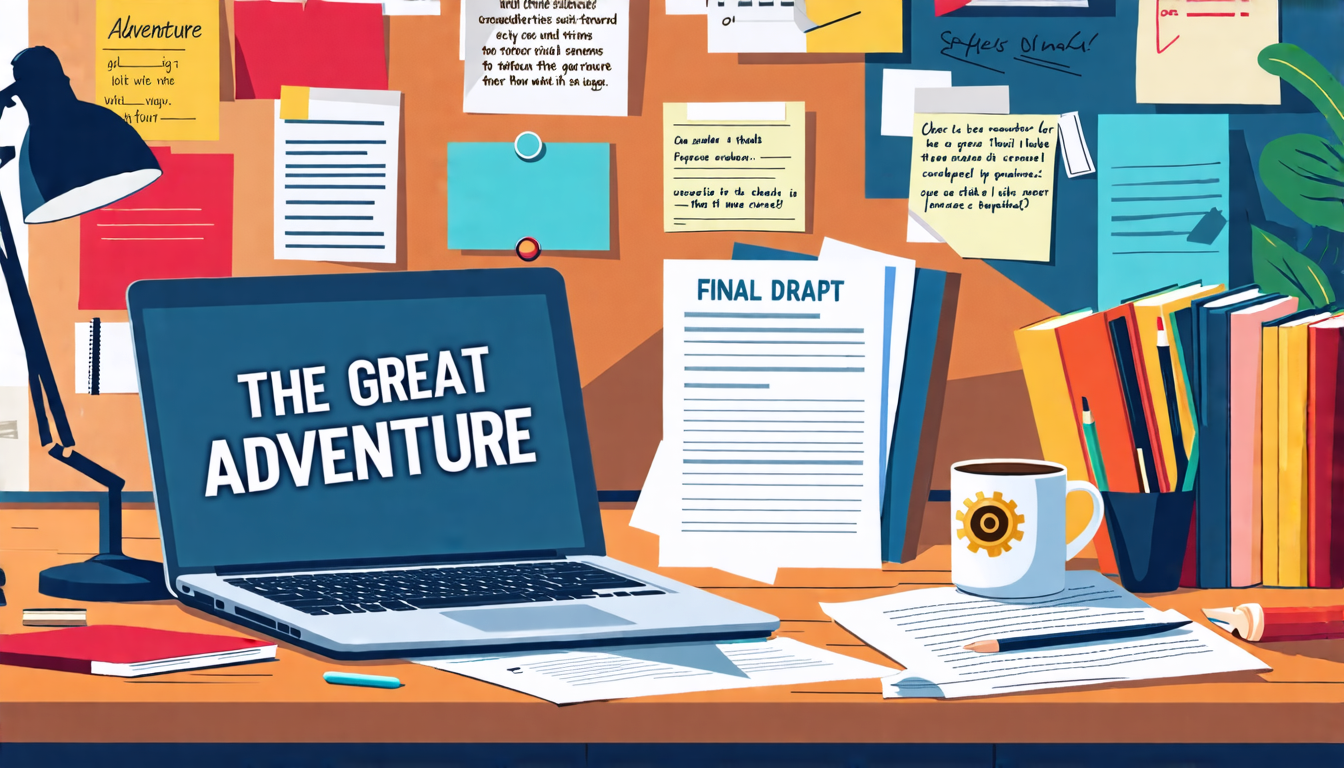 Create an image of a desk covered with various items essential for crafting a compelling screenwriting submission package. Include an open laptop displaying a polished screenplay script titled The Great Adventure. Scatter around the desk are neatly written cover letters, character breakdown sheets with highlighted key traits, and a synopsis page marked Final Draft. Add books and notes on tailoring submissions for multiple genres, a coffee mug with a film reel design, and a bulletin board in the background filled with inspirational quotes and genre-specific film posters. The atmosphere should convey meticulous preparation and creativity.