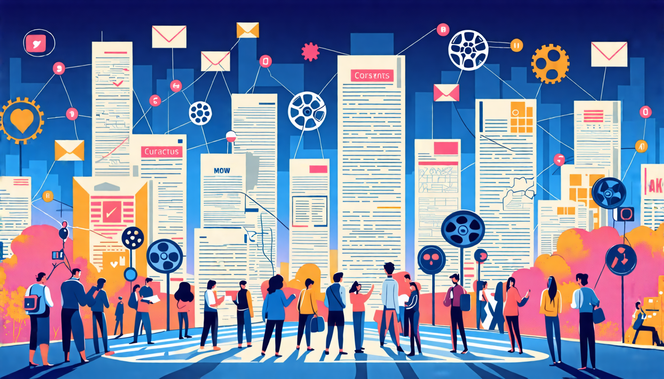 Create an imaginative digital illustration depicting a thriving network of screenwriting professionals, symbolized by a bustling cityscape of towering skyscrapers made of script pages and film reels. Each skyscraper represents a different submission opportunity, such as contests, fellowships, agents, and production companies. In the foreground, a group of diverse screenwriters stands on an intersection, eagerly reviewing maps and using digital devices to navigate these opportunities. Overhead, various networking symbols (like email icons, handshake symbols, and social media app logos) float in the skyline, illustrating the connections and resources available online. The overall scene conveys the idea of 
