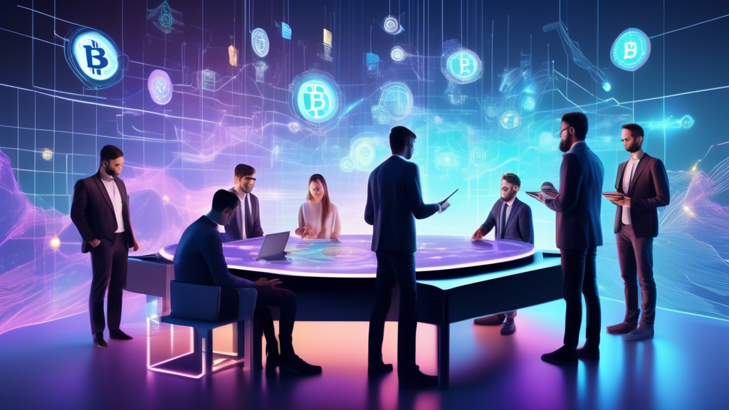 Create an image that depicts a futuristic digital landscape where a group of experts are gathered around a holographic table, examining a display of the top cryptocurrencies to buy now. The scene should include floating icons of well-known coins like Bitcoin, Ethereum, and emerging cryptocurrencies, each highlighted with glowing stats and graphs. The experts, in sleek, modern attire, hold digital tablets, exchanging insights and nodding in agreement. The environment should be cutting-edge, symbolizing technological advancements and significant industry developments, reflecting the keyword expert recommendations for the best coin to buy now.