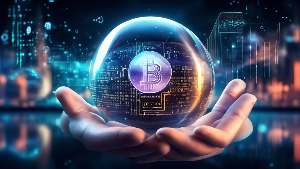 Create an image that illustrates a futuristic digital landscape, featuring a crystal ball hovering over various cryptocurrency symbols such as Bitcoin, Ethereum, and newer altcoins. The crystal ball should have a mystical glow, symbolizing foresight and potential growth. The backdrop can include a matrix-like digital world with charts and graphs that suggest upward trends, embodying the keywords future potential and best coin to buy now. This image should evoke a sense of adventure and anticipation for long-term investment opportunities in the cryptocurrency market.