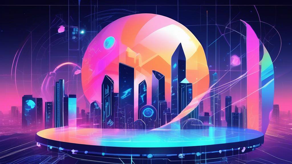 Prompt: Create an image illustrating the future of Luna Crypto by visually representing market trends and predictions. The scene should feature a futuristic cityscape where digital currency exchanges are displayed on large holographic screens. In the foreground, data projections show upward trajectories and graphs symbolizing Luna