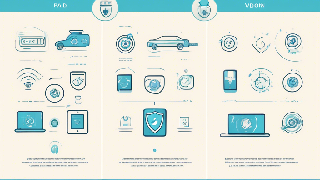 Create an illustration that visually represents the criteria for selecting the best VPN for iPad. Include elements that depict speed and performance, such as a speedometer or fast data transfer graphics, alongside symbols of user-friendliness like a simple app interface on an iPad screen. Incorporate icons representing additional features like a kill switch and DNS leak protection, perhaps in the form of shield icons or warning signs. The overall design should convey tech-savvy efficiency and security, with a clean and modern aesthetic that appeals to iPad users.