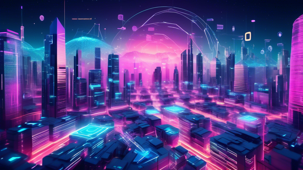 Create an image that highlights the advanced technological innovations and unique features of Bitgert Finance, depicted as a futuristic digital landscape. The scene should include elements representing blockchain technology, such as interconnected blocks or nodes glowing with vibrant colors. Capture the essence of a thriving online community with digital avatars interacting and exchanging data seamlessly. Include visual representations of recent technological advancements, like upgraded algorithms or enhanced security systems, illustrating how they propel the platform forward. The overall atmosphere should convey a sense of innovation, user engagement, and the cutting-edge nature of Bitgert Finance