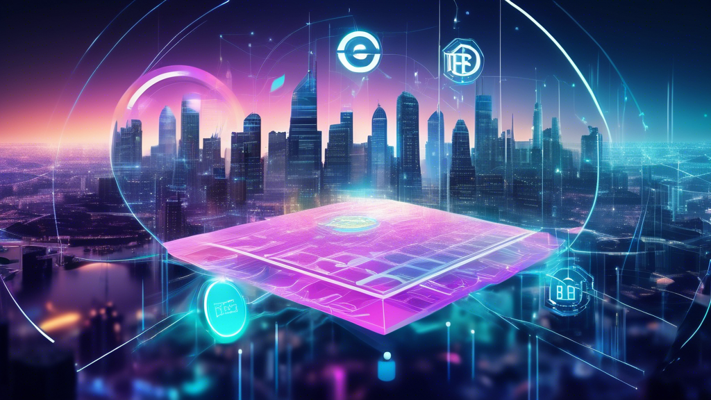 Create an image of a futuristic digital landscape featuring a holographic cityscape with floating cryptocurrency symbols surrounding a central, glowing Bitgert Finance logo. Include elements such as digital graphs and charts that represent market trends and potential investment opportunities. The scene should convey a sense of innovation and forward-thinking, with a blend of advanced technology and global connectivity to reflect Bitgert Finance