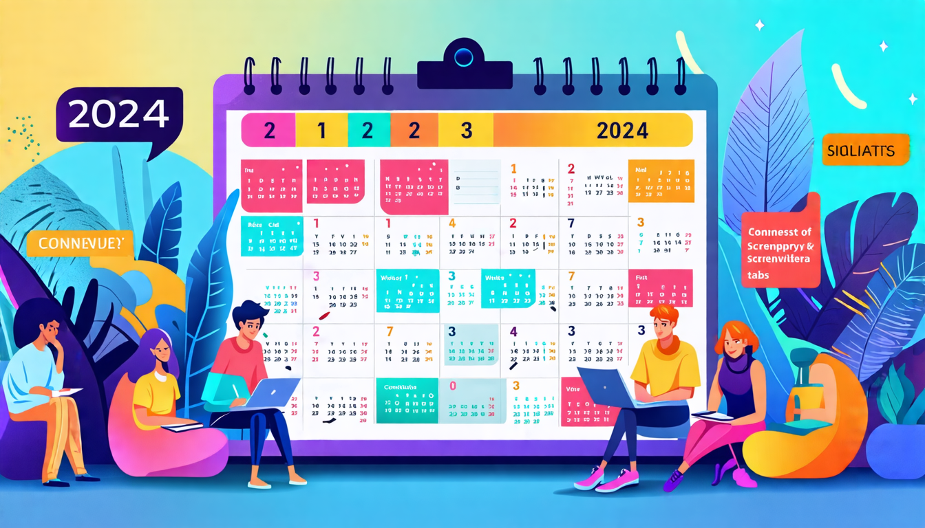 Create an imaginative and visually engaging illustration of a dynamic calendar for the year 2024, with each month featuring unique, themed sections dedicated to various upcoming screenplay contests. The calendar is designed like a futuristic digital hologram, with colorful, rotating panels highlighting contest names, application deadlines, and submission guidelines. In the background, a diverse group of animated characters - aspiring screenwriters representing different genres and styles - eagerly gather around, taking notes and discussing strategy. Convey an atmosphere of excitement and opportunity, showcasing the unique features and hints of insider wisdom for each contest.