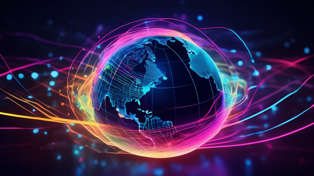 A digital illustration depicting a globe with glowing lines connecting various countries, symbolizing global connectivity. In the foreground, a smart DNS proxy server icon is shown, acting as a gateway for digital streams represented by vibrant, colorful waves emanating from various points on the globe. These waves bypass digital barriers depicted as semi-transparent walls with restriction symbols, highlighting the ability of smart DNS proxy servers to enhance access to geographically restricted content. The scene conveys a sense of speed, efficiency, and seamless access, emphasizing the advantage of using intelligent free DNS proxy servers.