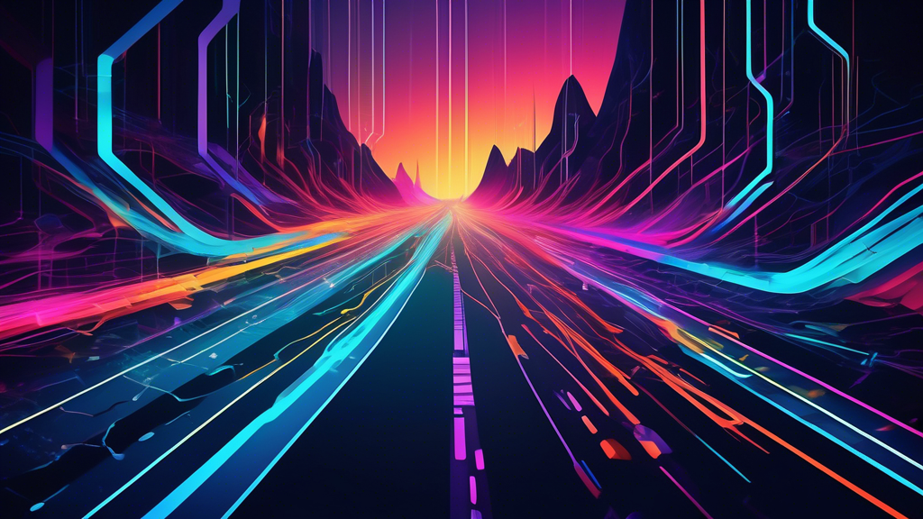 Create an image depicting the concept of Inconvénients et Risques Associés aux Serveurs Proxy DNS Intelligents Gratuits. Visualize a futuristic digital landscape with a colorful highway of data streams representing internet traffic. On one side, show cryptic shadows symbolizing potential security and privacy risks lurking within the streams. On the other side, illustrate faulty road signs and disappearing paths to depict performance and reliability concerns. Integrate visual elements like shields and locks as advice symbols for cautious selection of smart DNS proxy servers free, ensuring the image conveys awareness of both the allure and the pitfalls of using free DNS intelligent proxy services.