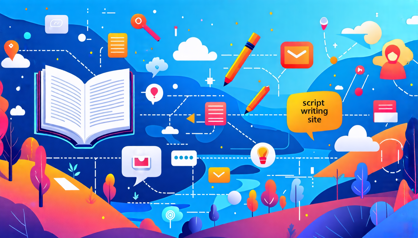 Create an image depicting a vibrant digital landscape filled with diverse icons representing various online script writing sites. Each icon should symbolize unique features such as script libraries, writing tools, and community forums, like an open book, a pen, and speech bubbles. The landscape should resemble a dynamic and interconnected web, highlighting the vast opportunities available for aspiring screenwriters. Include a search bar with the keyword script writing site prominently displayed, symbolizing easy access and visibility. The atmosphere should be inviting and inspiring, reflecting the excitement of discovering new resources and communities for screenwriters.