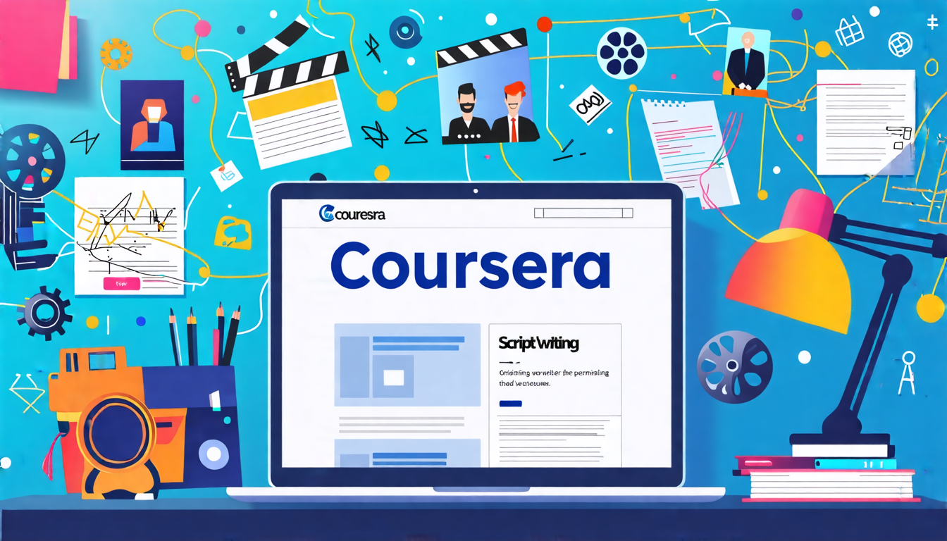 Create an image of a creative workspace with a laptop open to a Coursera script writing course interface. Surrounding the laptop, include iconic symbols of the entertainment industry, such as film reels, a director