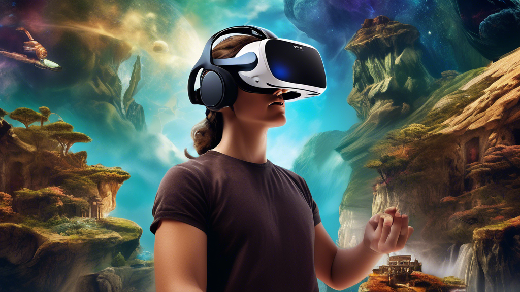 Prompt for DALL-E: Create an image depicting a person wearing the Quest 2 VR headset, deeply immersed in a variety of virtual experiences. The scene should be split into different segments, showcasing diverse applications of the headset: gaming with vibrant, dynamic action sequences; an educational setting where historical figures or dramatic scientific phenomena come to life; and a serene virtual travel experience displaying a breathtaking landscape. Use vibrant colors and dynamic lighting to emphasize the immersive capabilities and the transformative potential of the Quest 2 VR headset.