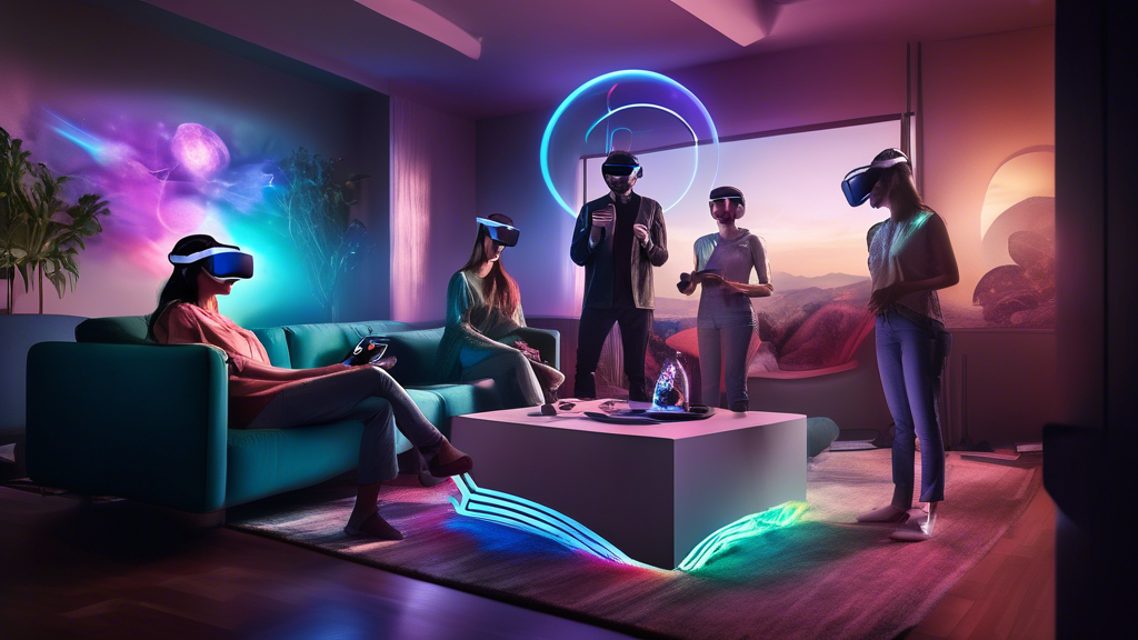 Create an image that portrays the Quest 2 VR Headset as a futuristic device reshaping virtual experiences. The scene should depict a diverse group of people in a modern living room, all wearing the Quest 2 headsets, connected to a variety of virtual scenarios through vibrant holographic projections. Highlights could include gateways to virtual worlds, digital interfaces, and glowing data streams that represent advanced technological innovation. The emphasis should be on the Quest 2