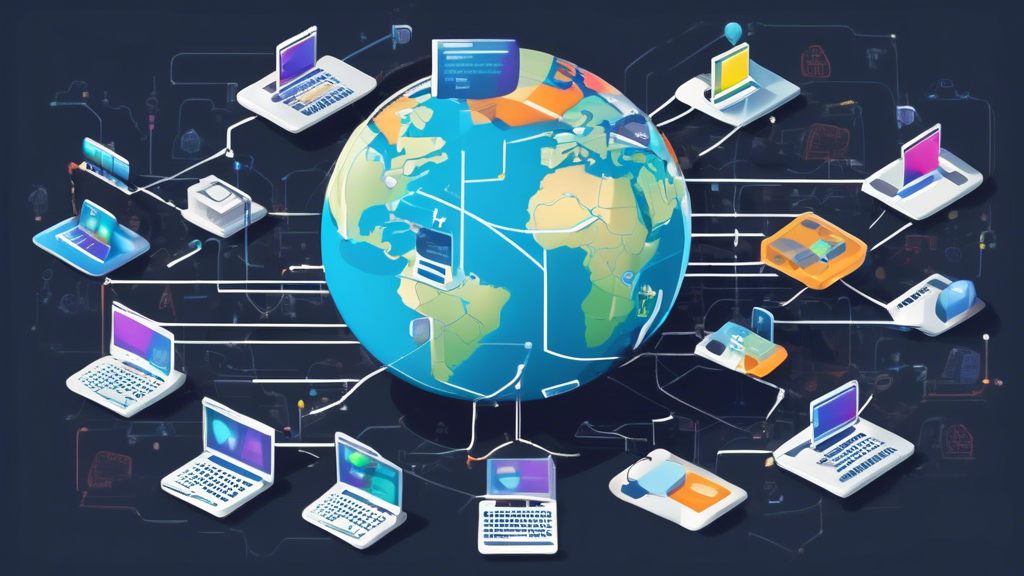 Create an image illustrating a step-by-step guide for downloading a Smart DNS Proxy for free, featuring a user-friendly, visual flowchart. The image should showcase various devices like a computer, smartphone, and tablet, each connected by dotted lines to a globe, symbolizing the internet. Include icons representing popular platforms and reputable sources for downloading, such as app stores or well-known websites. Highlight key steps like checking device compatibility, selecting a trusted source, and initiating the download process. Use vibrant colors to make the steps visually distinct and easy to follow.