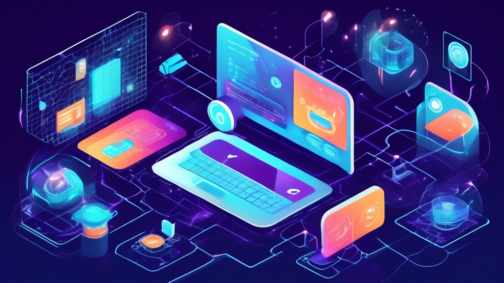 Create an image depicting a futuristic digital workspace with a screen displaying a user-friendly interface for troubleshooting and optimizing a Smart DNS Proxy. Include visual elements like floating icons representing streaming platforms, security shields, and speedometers to symbolize performance optimization. The background should showcase a dynamic network grid with connected devices, illustrating seamless connectivity and real-time updates, all under the theme of digital enhancement and cyber protection.