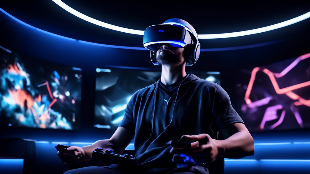 Create an image depicting a gamer fully immersed in the PS5 VR 2 experience. The scene should capture the enhanced immersion with high-definition graphics and surround sound elements beautifully represented around the gamer. Include subtle hints of exclusive game titles in the backdrop and showcase the ergonomic design of the VR headset and controllers, highlighting increased comfort for extended play. The setting should convey an optimized gaming environment, emphasizing the seamless integration of advanced VR technologies for a truly unparalleled gaming adventure.