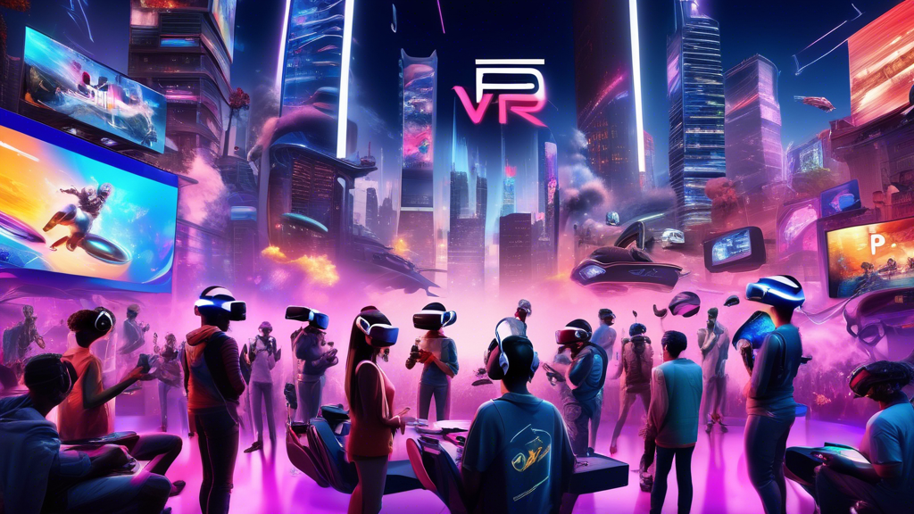 Create an imaginative and futuristic digital artwork depicting the impact of the PS5 VR 2 on the future of the gaming industry. The scene should show a futuristic cityscape with towering skyscrapers, each adorned with giant neon billboards featuring advertisements of the latest VR games and experiences. In the foreground, diverse groups of gamers, wearing sleek and advanced PS5 VR 2 headsets, are immersed in various virtual worlds, showcasing different genres of games from action-packed adventures to serene explorations. The atmosphere should convey a sense of excitement and innovation, with holographic displays emerging from the headsets, suggesting the seamless integration of virtual reality into everyday life. Include phrases like future VR trends and innovations in the gaming industry subtly within the neon lights and digital billboards. The overall aesthetic should be vibrant and cutting-edge, symbolizing the transformative potential of the PS5 VR 2 in shaping the future of gaming.