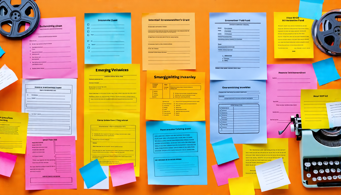 Create an image depicting a bulletin board filled with various colorful flyers and sticky notes, each representing a different screenwriting grant available in 2022. The flyers should include diverse headings such as International Screenwriter